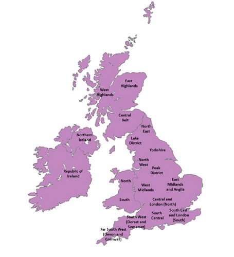 A map of the UK and Ireland with all 19 regions listed